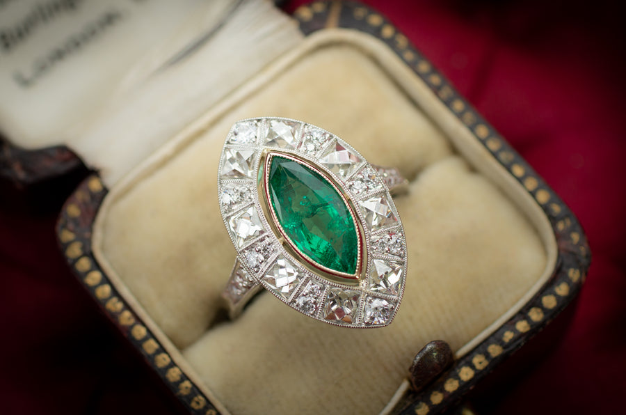 MARQUISE EMERALD ON FRENCH CUT DIAMOND HALO - SinCityFinds Jewelry