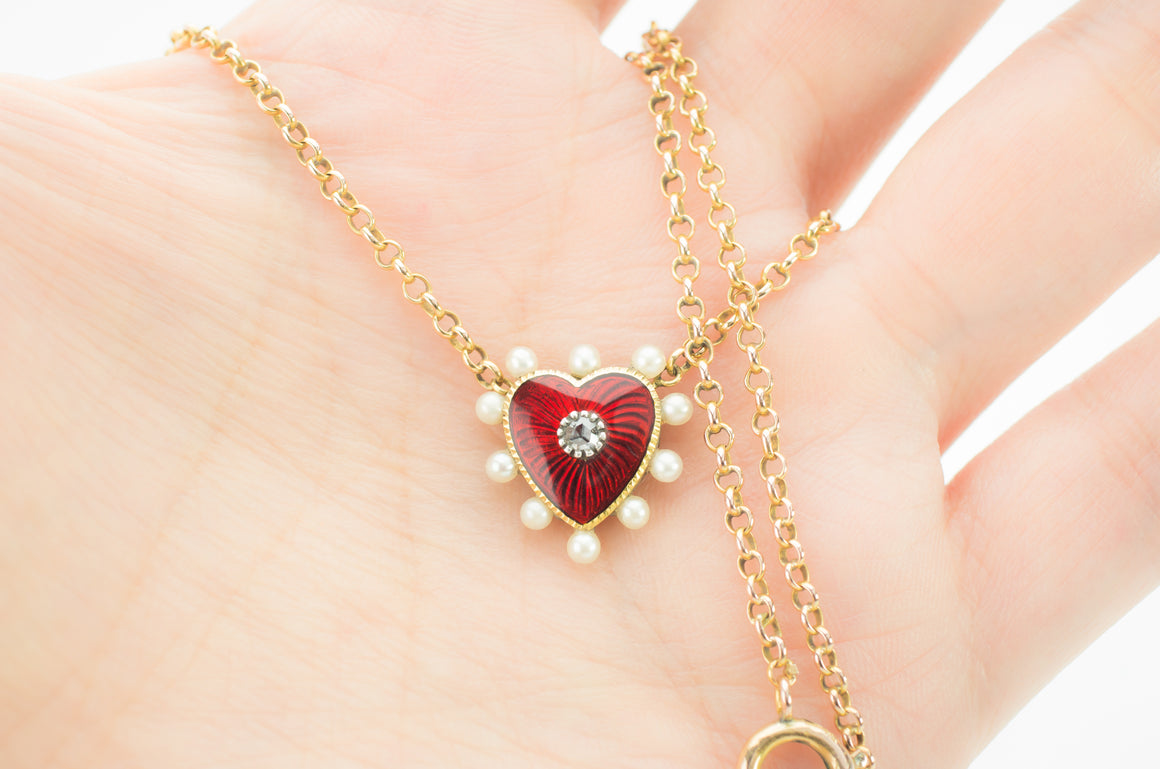 ANTIQUE ENAMELED HEART PENDANT NECKLACE - SinCityFinds Jewelry