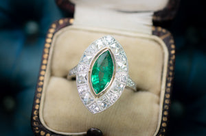 MARQUISE EMERALD ON FRENCH CUT DIAMOND HALO - SinCityFinds Jewelry