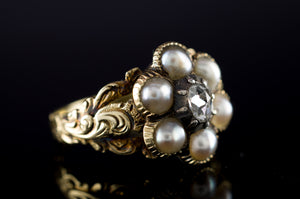 ANTIQUE SPLIT PEARL AND ROSE CUT DIAMOND MOURNING RING - SinCityFinds Jewelry