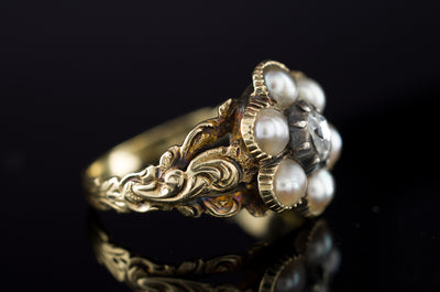 ANTIQUE SPLIT PEARL AND ROSE CUT DIAMOND MOURNING RING - SinCityFinds Jewelry