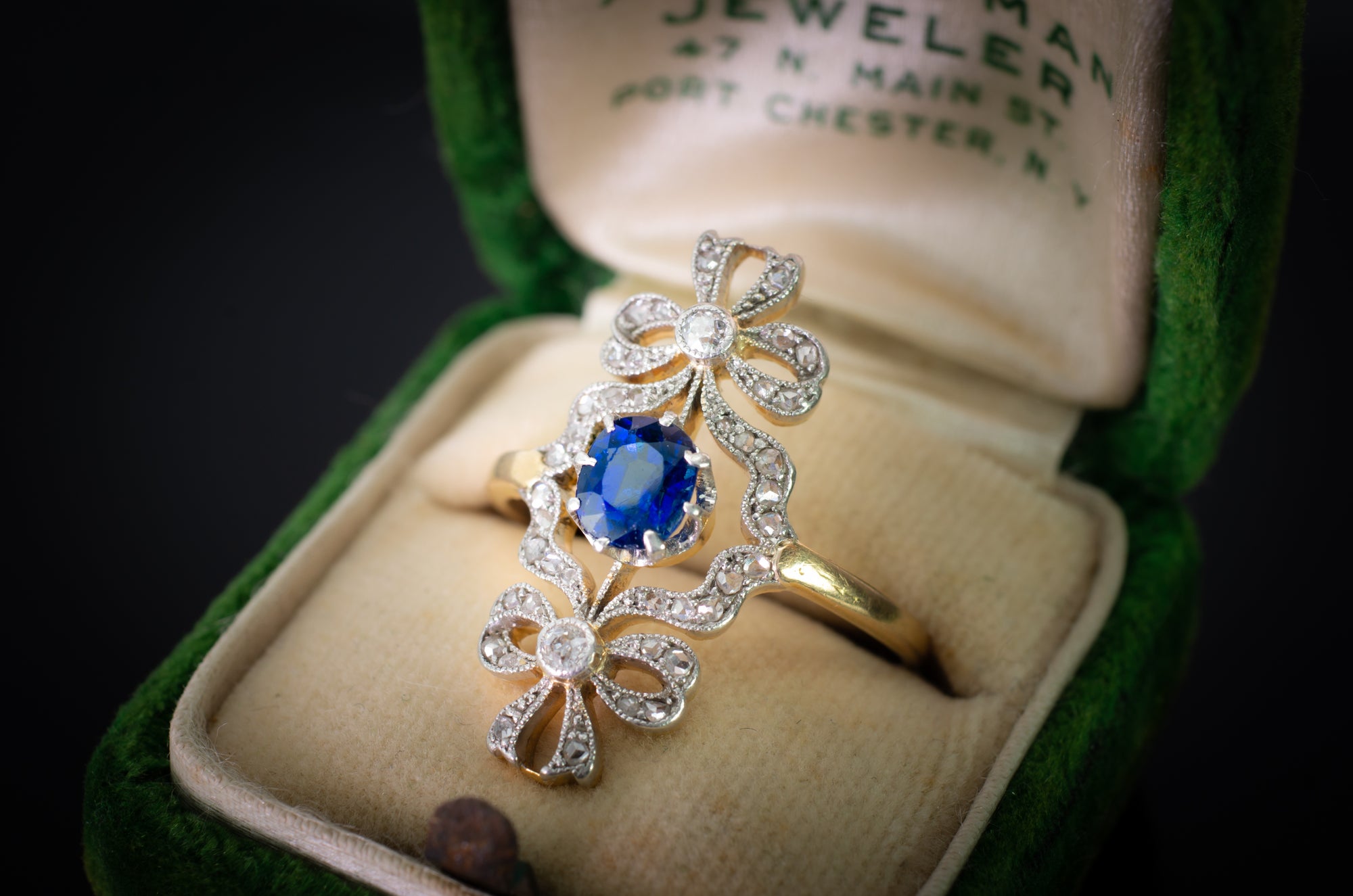 SAPPHIRE AND OLD CUT DIAMOND ANTIQUE BOW RING - SinCityFinds Jewelry