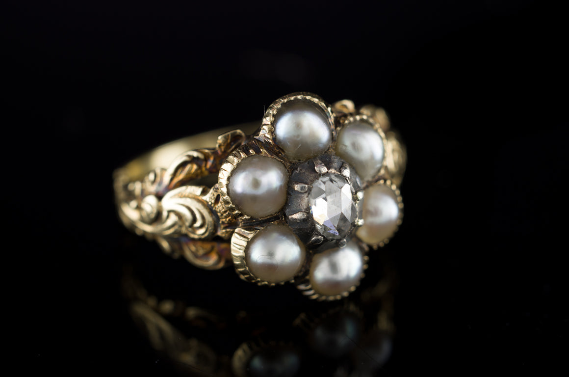 ANTIQUE SPLIT PEARL AND ROSE CUT DIAMOND MOURNING RING - SinCityFinds Jewelry