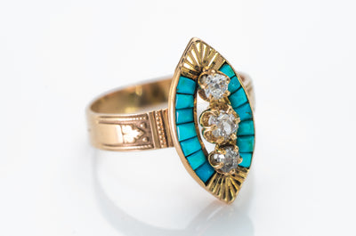 TURQUOISE AND MINE CUT DIAMOND NAVETTE RING - SinCityFinds Jewelry