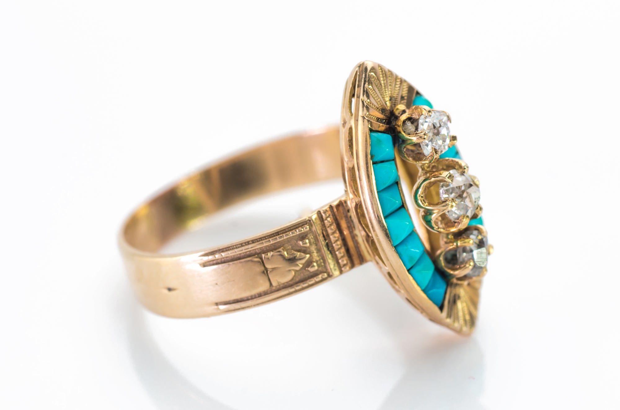TURQUOISE AND MINE CUT DIAMOND NAVETTE RING - SinCityFinds Jewelry