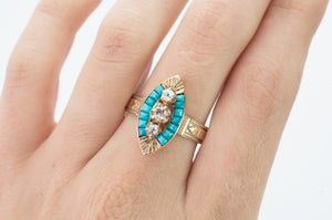 TURQUOISE AND MINE CUT DIAMOND NAVETTE RING - SinCityFinds Jewelry