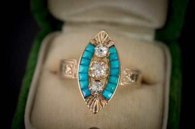 TURQUOISE AND MINE CUT DIAMOND NAVETTE RING - SinCityFinds Jewelry