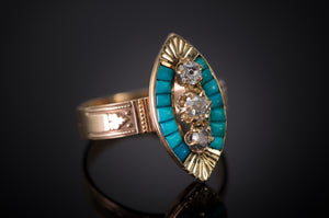 TURQUOISE AND MINE CUT DIAMOND NAVETTE RING - SinCityFinds Jewelry