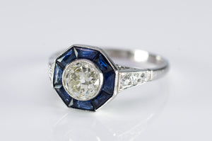 MINE CUT DIAMOND AND FRENCH CUT SAPPHIRE TARGET RING - SinCityFinds Jewelry