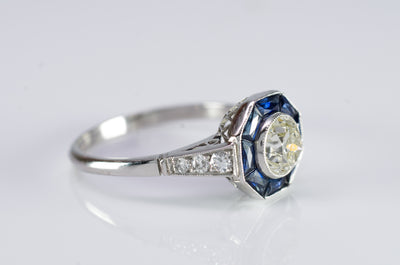 MINE CUT DIAMOND AND FRENCH CUT SAPPHIRE TARGET RING - SinCityFinds Jewelry