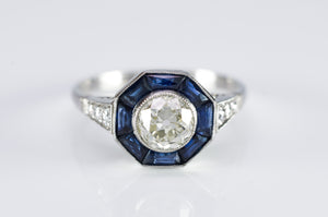 MINE CUT DIAMOND AND FRENCH CUT SAPPHIRE TARGET RING - SinCityFinds Jewelry