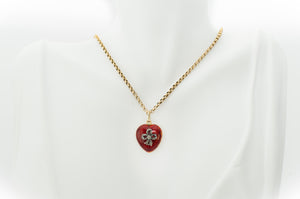 ANTIQUE 18K GOLD  RED ENAMEL HEART WITH DIAMOND BOW LOCKET - SinCityFinds Jewelry