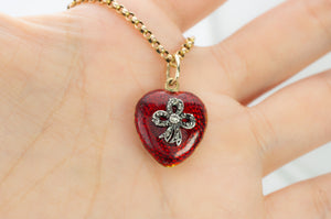 ANTIQUE 18K GOLD  RED ENAMEL HEART WITH DIAMOND BOW LOCKET - SinCityFinds Jewelry