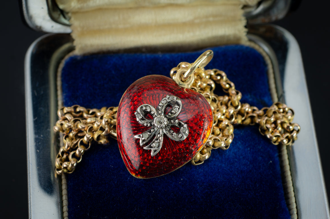 ANTIQUE 18K GOLD  RED ENAMEL HEART WITH DIAMOND BOW LOCKET - SinCityFinds Jewelry