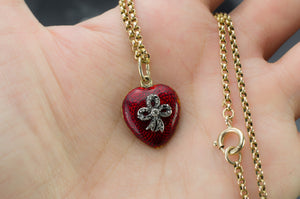 ANTIQUE 18K GOLD  RED ENAMEL HEART WITH DIAMOND BOW LOCKET - SinCityFinds Jewelry