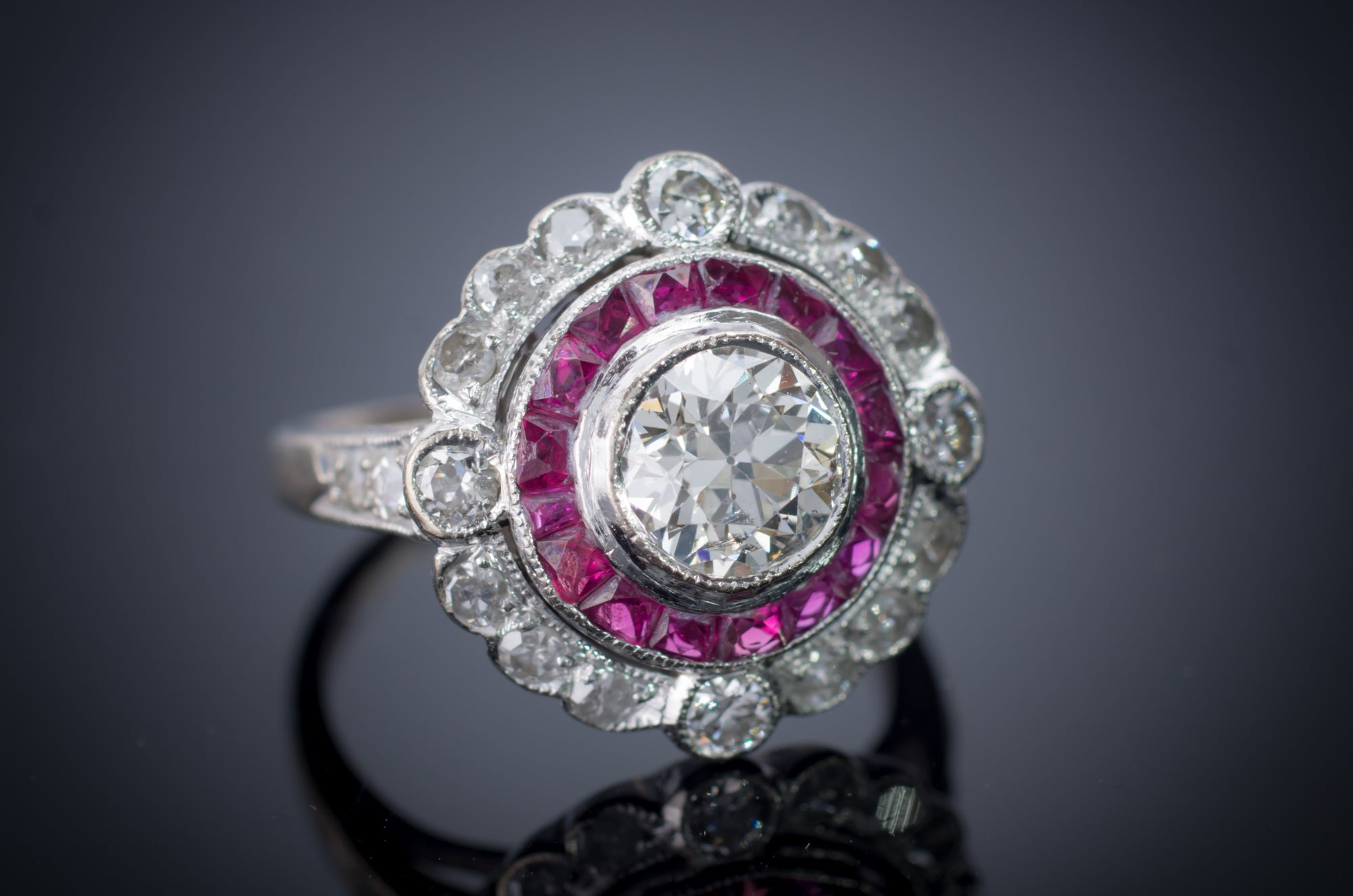 OLD EUROPEAN CUT DIAMOND AND RUBY TARGET RING - SinCityFinds Jewelry