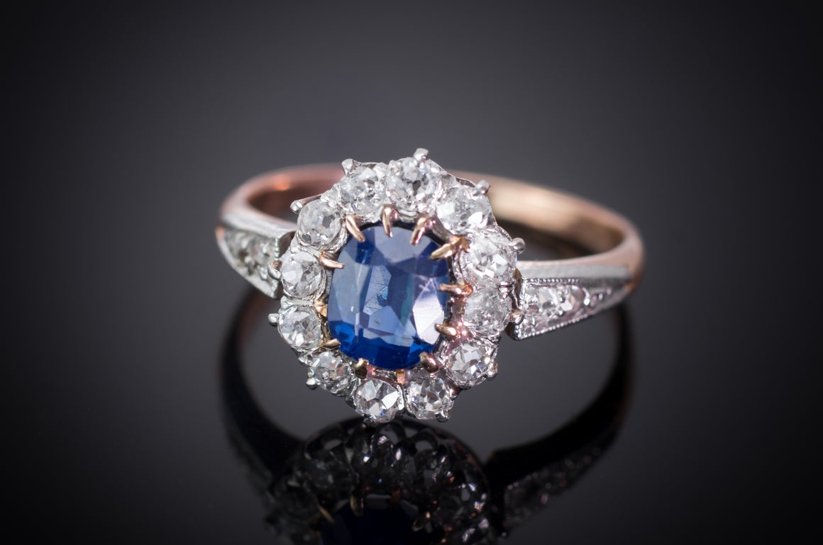 EDWARDIAN SAPPHIRE AND OLD CUT DIAMOND HALO RING - SinCityFinds Jewelry