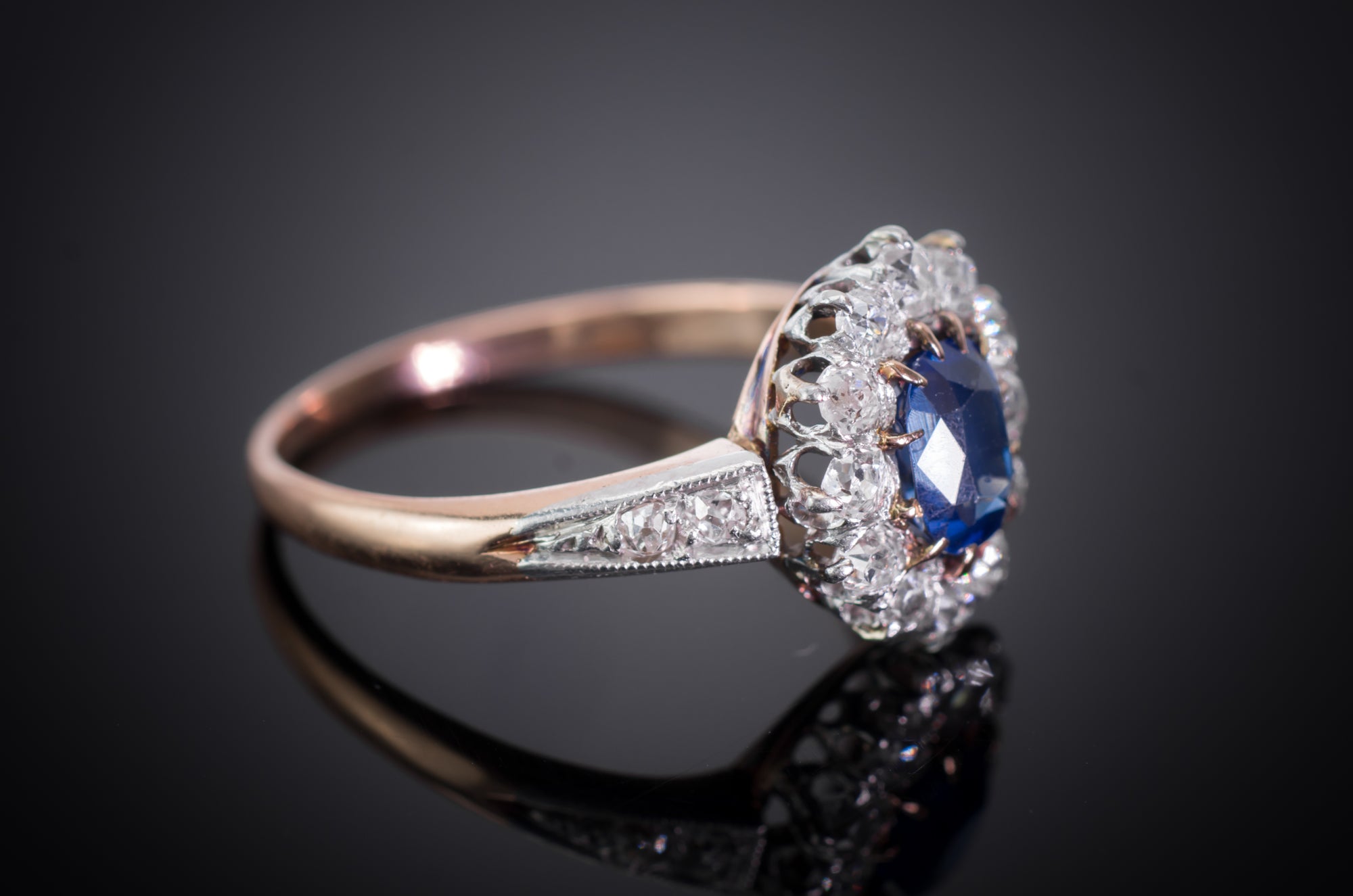 EDWARDIAN SAPPHIRE AND OLD CUT DIAMOND HALO RING - SinCityFinds Jewelry