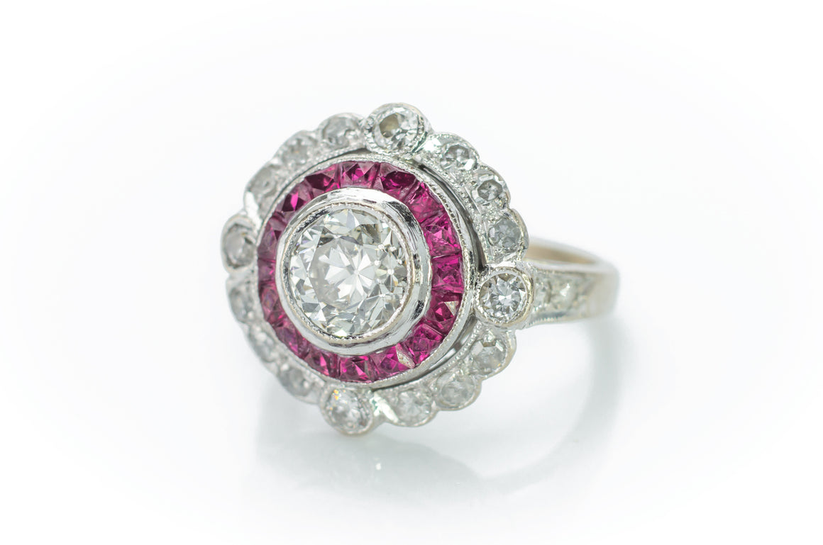 OLD EUROPEAN CUT DIAMOND AND RUBY TARGET RING - SinCityFinds Jewelry