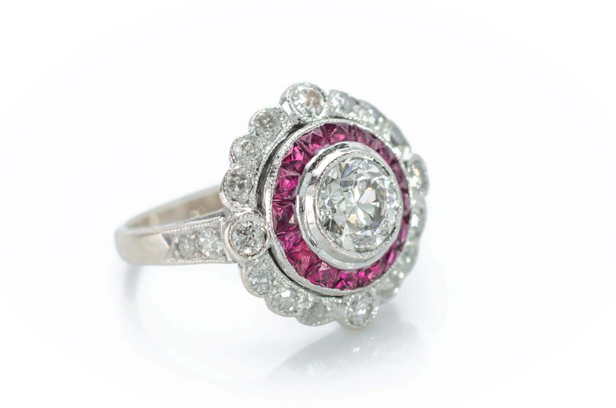 OLD EUROPEAN CUT DIAMOND AND RUBY TARGET RING - SinCityFinds Jewelry