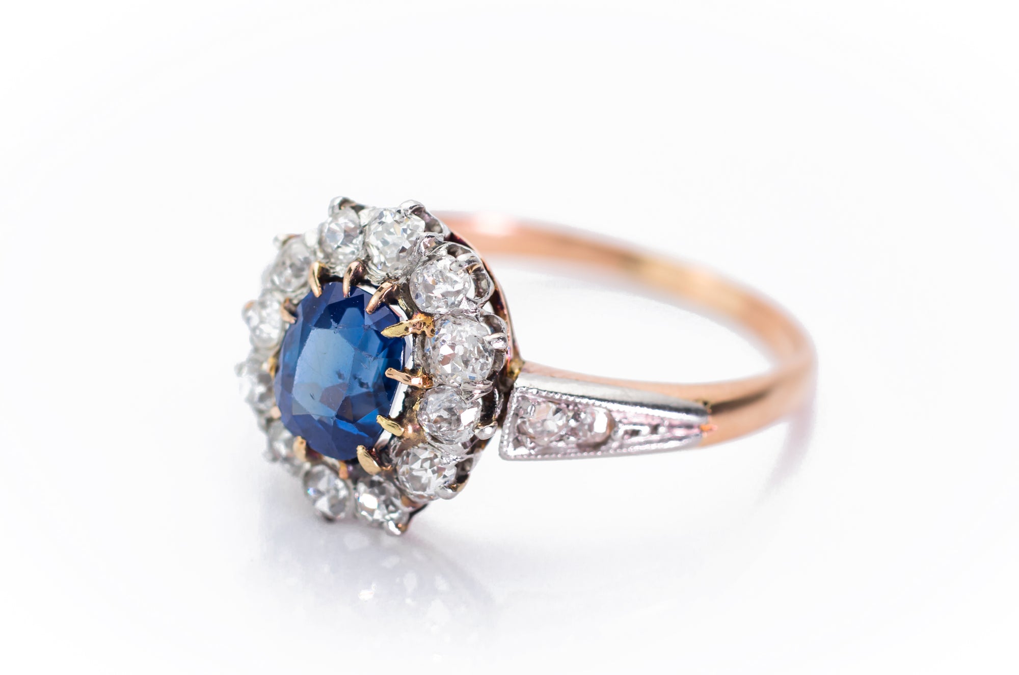 EDWARDIAN SAPPHIRE AND OLD CUT DIAMOND HALO RING - SinCityFinds Jewelry