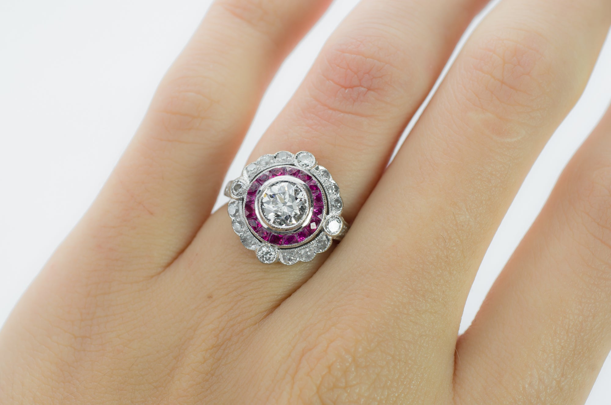 OLD EUROPEAN CUT DIAMOND AND RUBY TARGET RING - SinCityFinds Jewelry