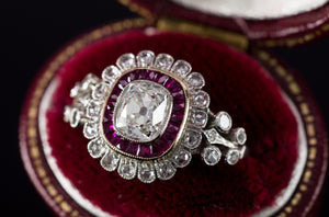 OLD CUSHION CUT DIAMOND AND RUBY HALO RING - SinCityFinds Jewelry