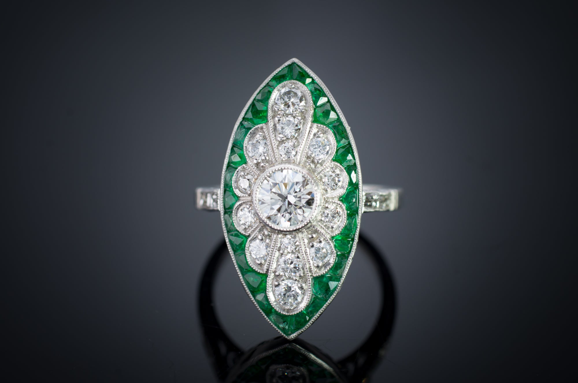 FRENCH CUT EMERALD AND DIAMOND NAVETTE SHAPED RING - SinCityFinds Jewelry