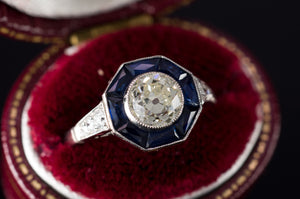 MINE CUT DIAMOND AND FRENCH CUT SAPPHIRE TARGET RING - SinCityFinds Jewelry