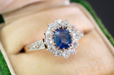 EDWARDIAN SAPPHIRE AND OLD CUT DIAMOND HALO RING - SinCityFinds Jewelry