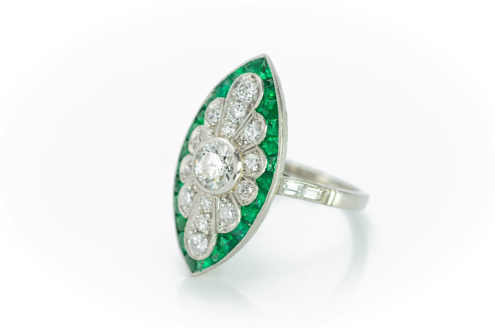 FRENCH CUT EMERALD AND DIAMOND NAVETTE SHAPED RING - SinCityFinds Jewelry