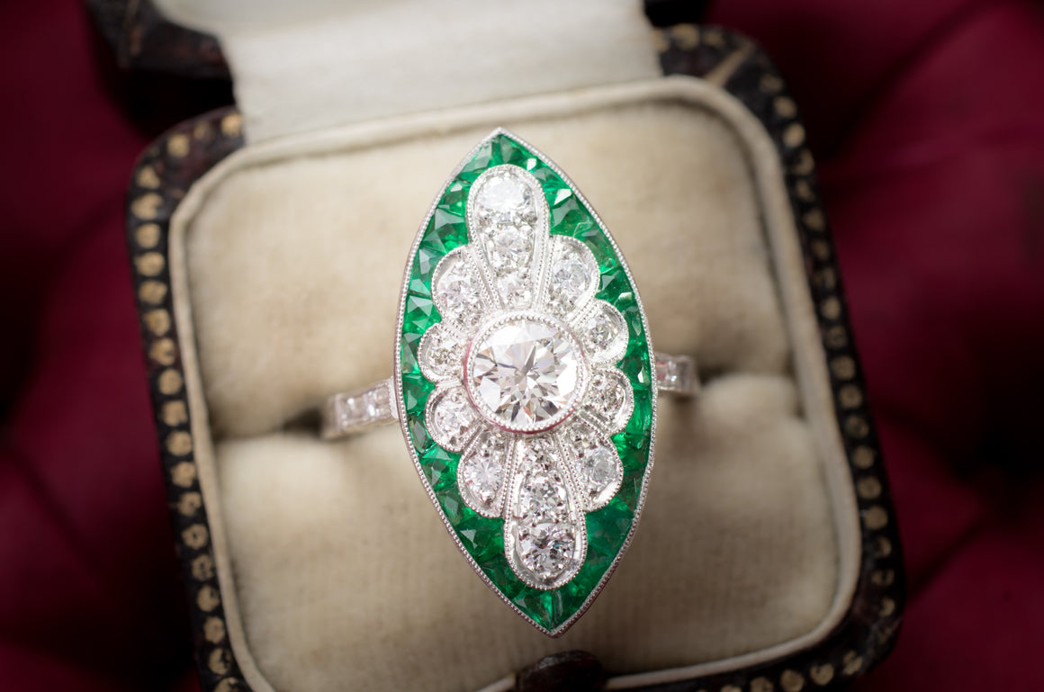 FRENCH CUT EMERALD AND DIAMOND NAVETTE SHAPED RING - SinCityFinds Jewelry