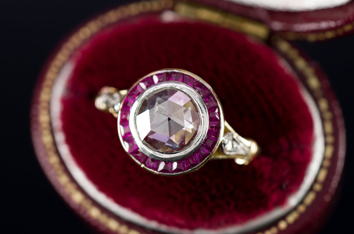 ANTIQUE FRENCH ROSE CUT TARGET RING WITH RUBY HALO - SinCityFinds Jewelry