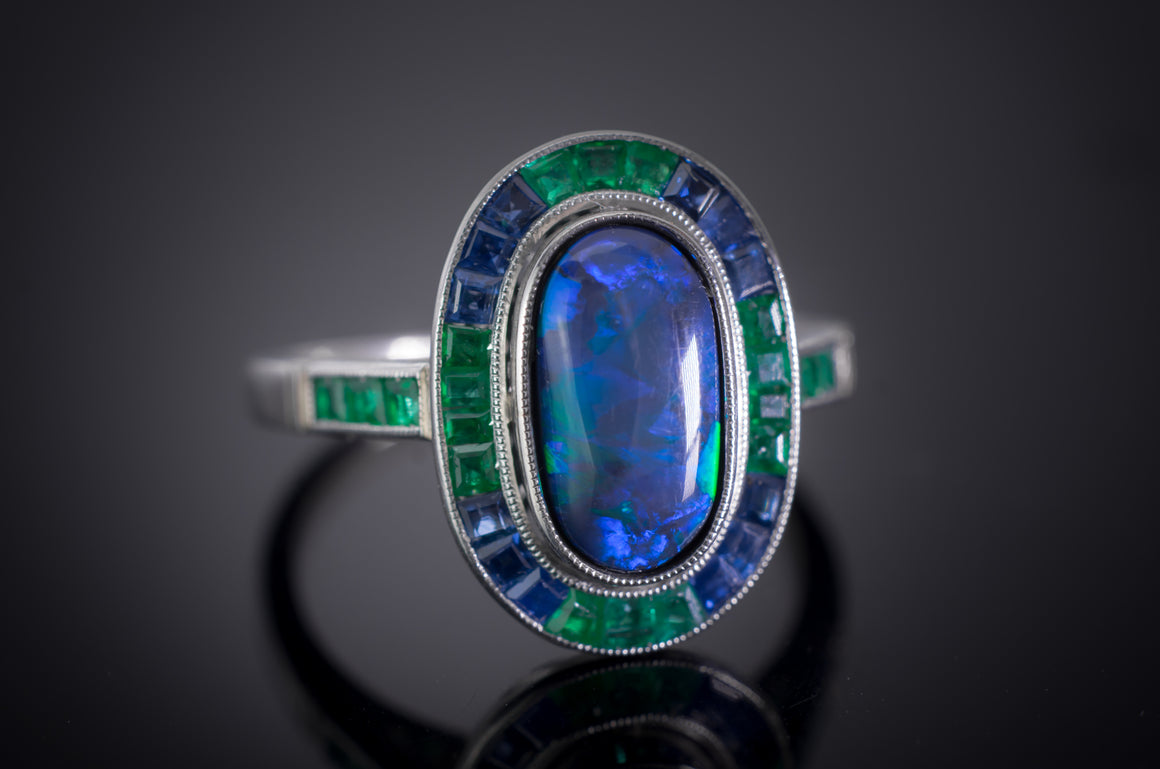 BLACK OPAL SAPPHIRE AND EMERALD TARGET RING - SinCityFinds Jewelry