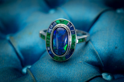 BLACK OPAL SAPPHIRE AND EMERALD TARGET RING - SinCityFinds Jewelry