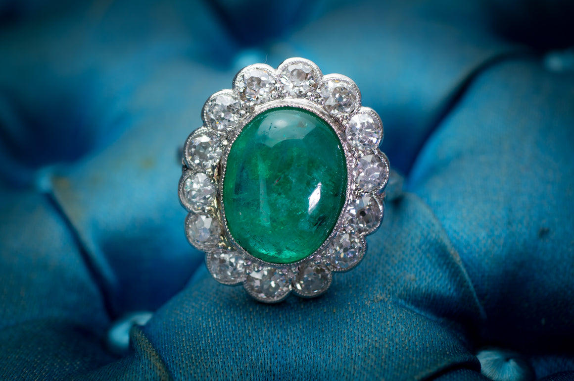 6.5CTW EMERALD CABOCHON AND DIAMOND HALO RING - SinCityFinds Jewelry