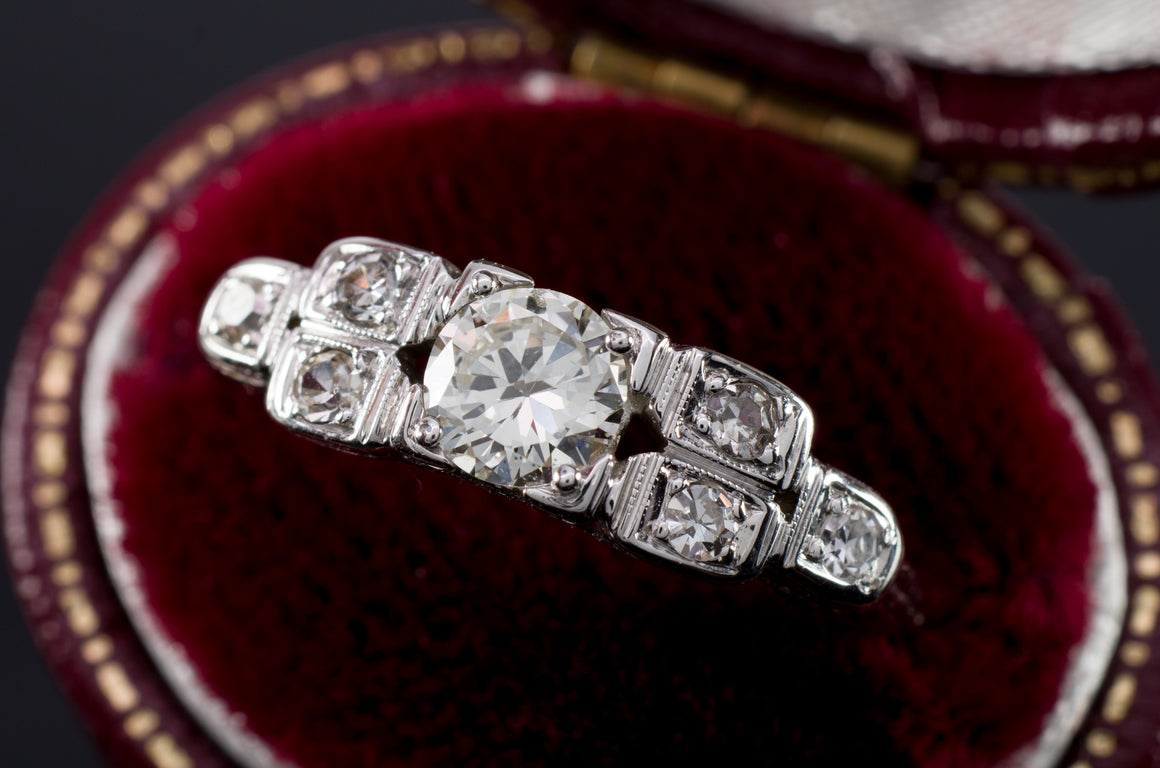 0.57CTW ART DECO TRANSITIONAL CUT DIAMOND RING IN 18K WHITE GOLD - SinCityFinds Jewelry