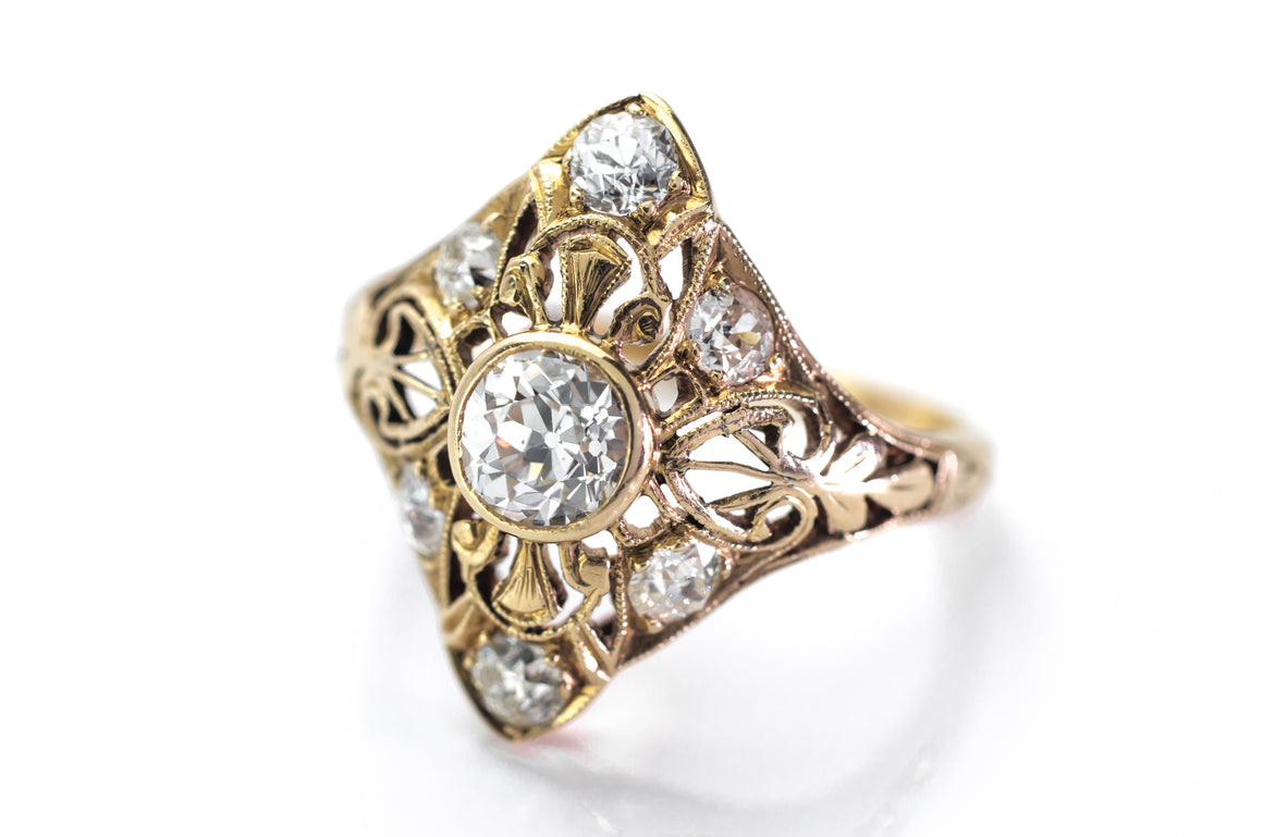 ART DECO YELLOW GOLD FILIGREE DIAMOND RING - SinCityFinds Jewelry