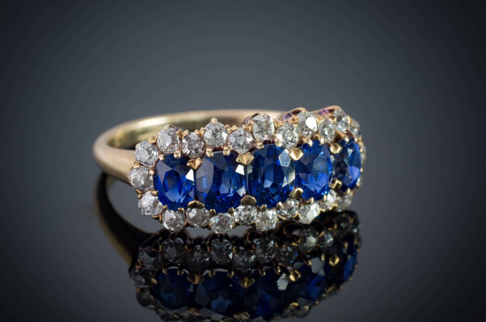 3.37CTW FIVE STONE SAPPHIRE AND OLD CUT DIAMOND RING GIA - SinCityFinds Jewelry