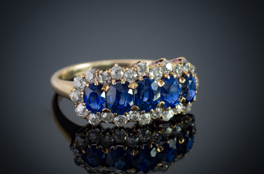 3.37CTW FIVE STONE SAPPHIRE AND OLD CUT DIAMOND RING GIA - SinCityFinds Jewelry