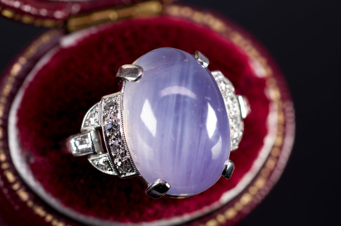 ART DECO  11CT STAR SAPPHIRE RING WITH DIAMOND ACCENTS - SinCityFinds Jewelry