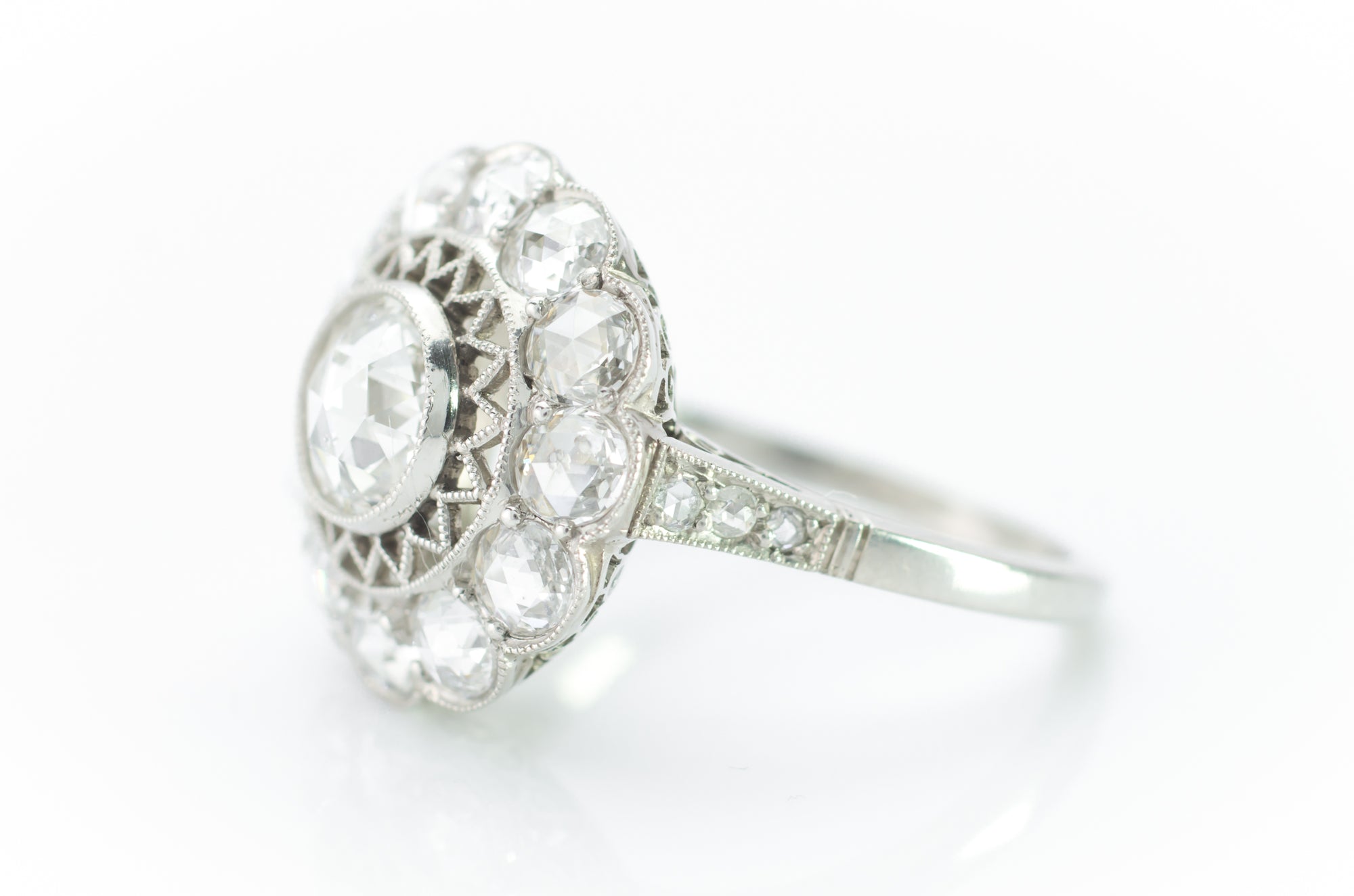 ROSE CUT DIAMOND HALO IN PLATINUM - SinCityFinds Jewelry