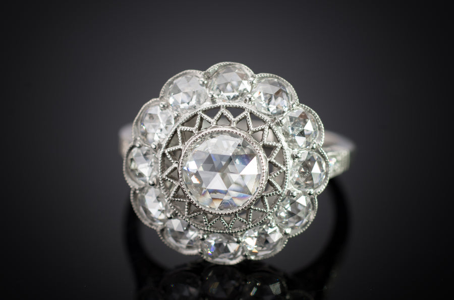 ROSE CUT DIAMOND HALO IN PLATINUM - SinCityFinds Jewelry