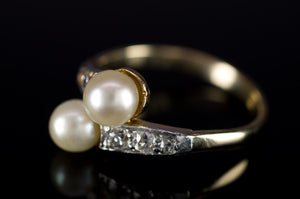 VINTAGE MINE CUT DIAMOND AND PEARL TOI ET MOI RING - SinCityFinds Jewelry