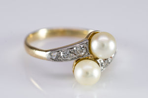 VINTAGE MINE CUT DIAMOND AND PEARL TOI ET MOI RING - SinCityFinds Jewelry