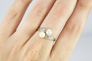 VINTAGE MINE CUT DIAMOND AND PEARL TOI ET MOI RING - SinCityFinds Jewelry