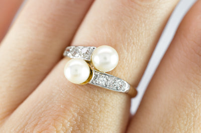 VINTAGE MINE CUT DIAMOND AND PEARL TOI ET MOI RING - SinCityFinds Jewelry