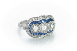 ROSE CUT DIAMOND AND SAPPHIRE DOUBLE HALO RING - SinCityFinds Jewelry