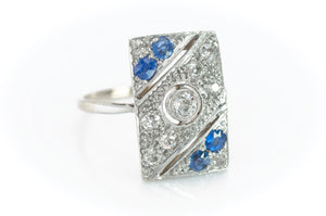 ART DECO DIAMOND AND SAPPHIRE PLAQUE STYLE RING - SinCityFinds Jewelry