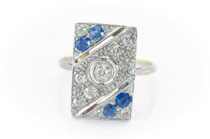 ART DECO DIAMOND AND SAPPHIRE PLAQUE STYLE RING - SinCityFinds Jewelry